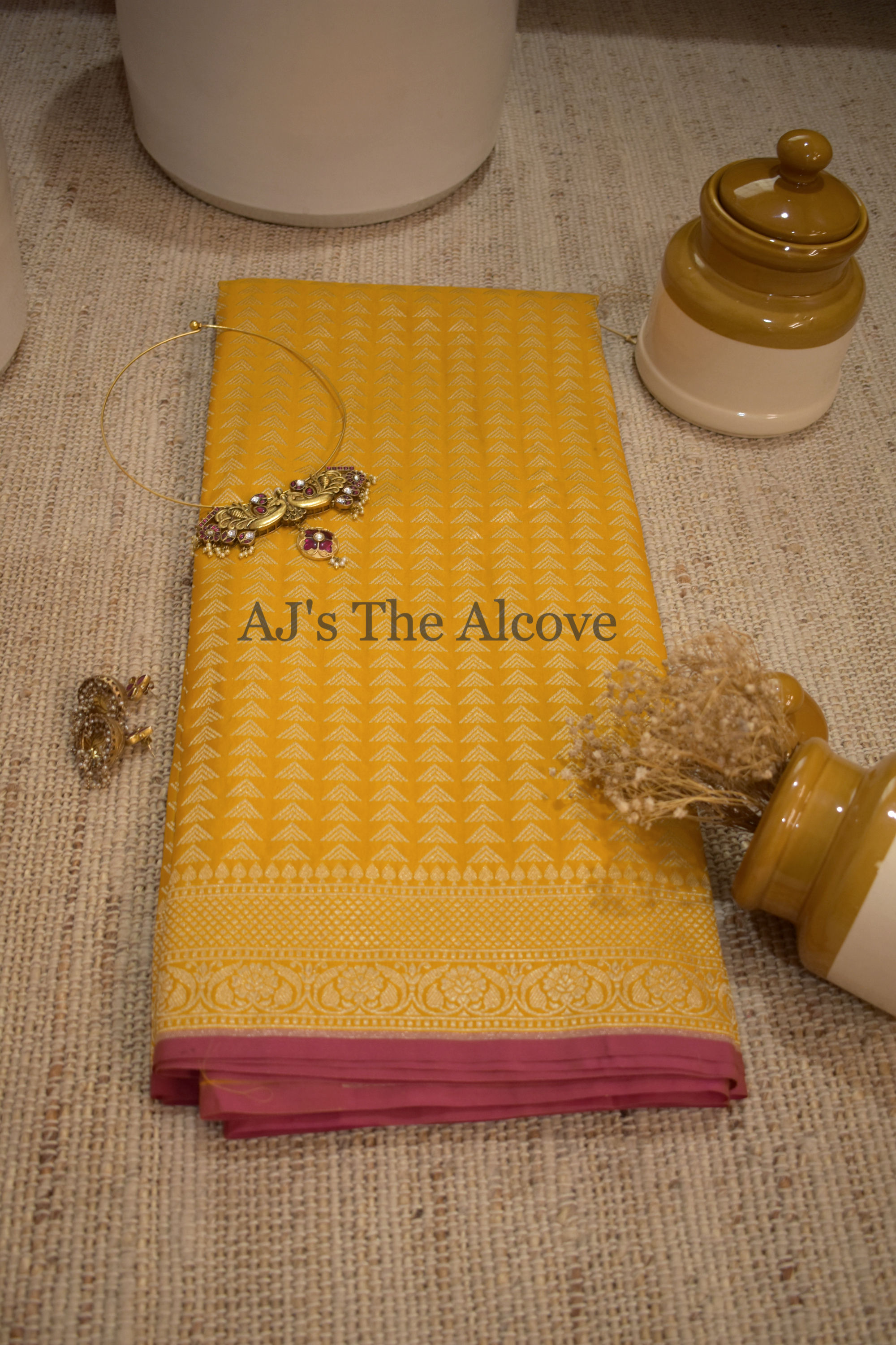 Yellow with Pink border line Banarasi Katan Summer Silk