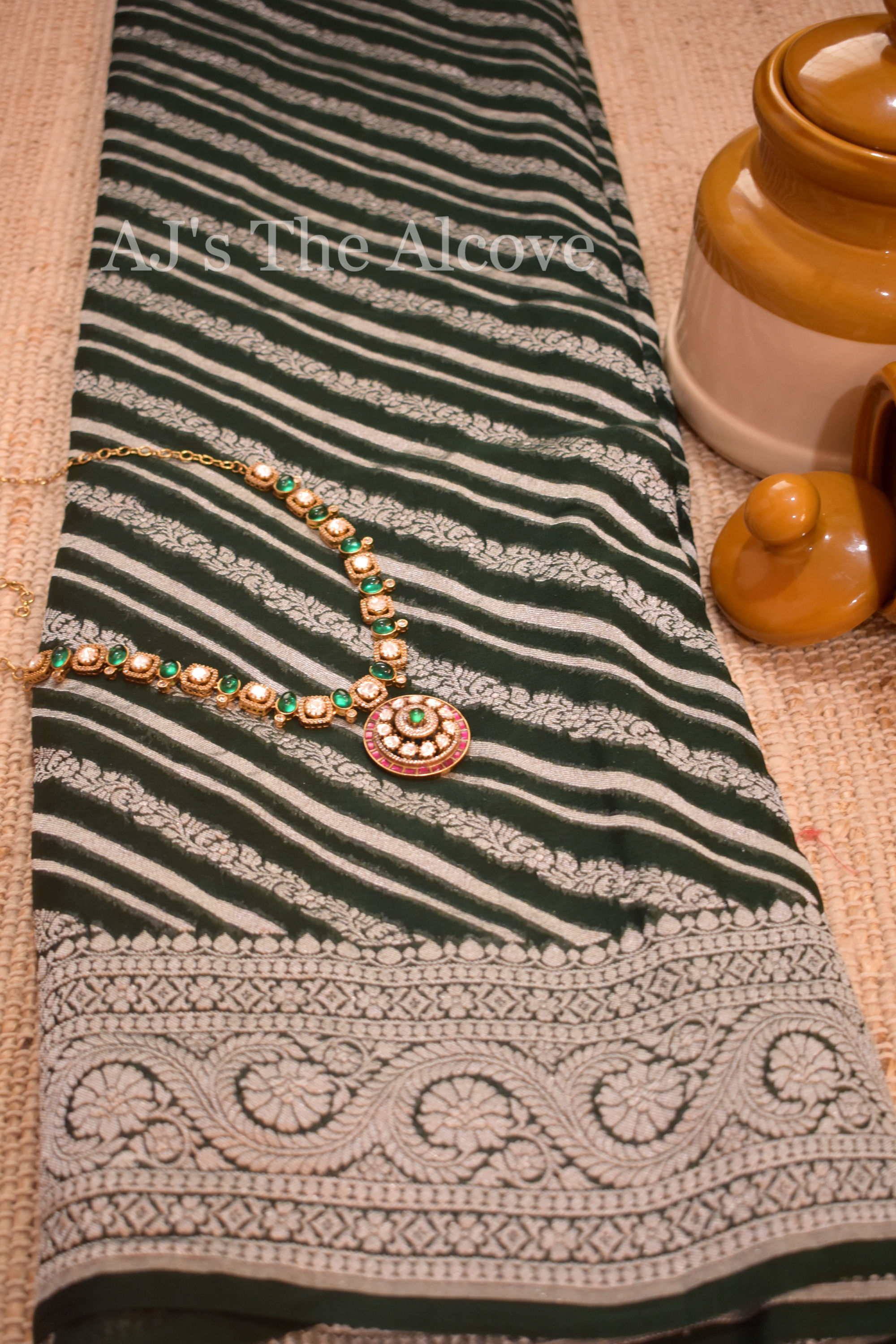 Dark Green Diagonal Stripes Khaddi Georgette