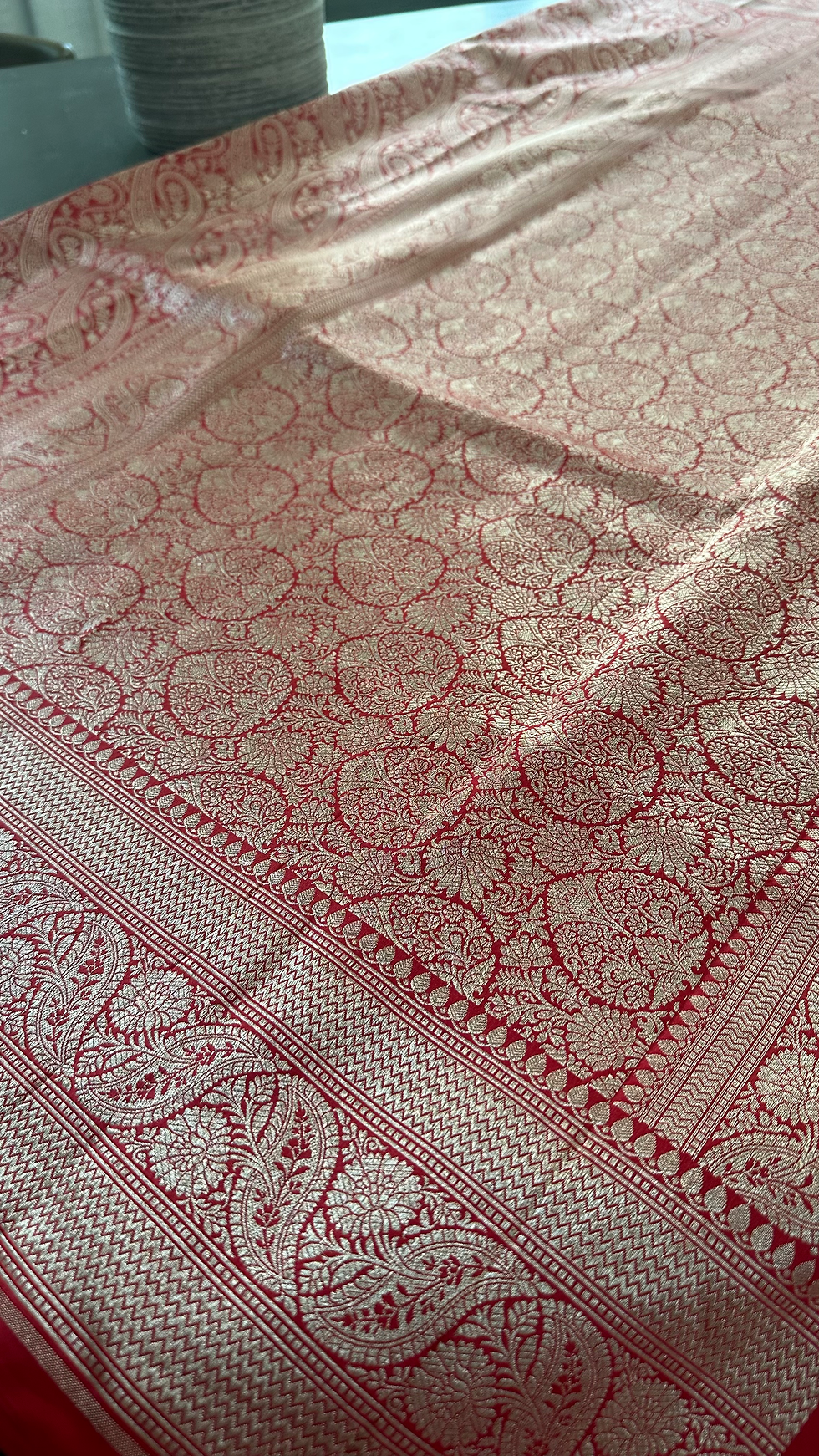 Thumbnail: Red Intertwined Paisley Motif Bridal Brocade Banarasi Katan Silk