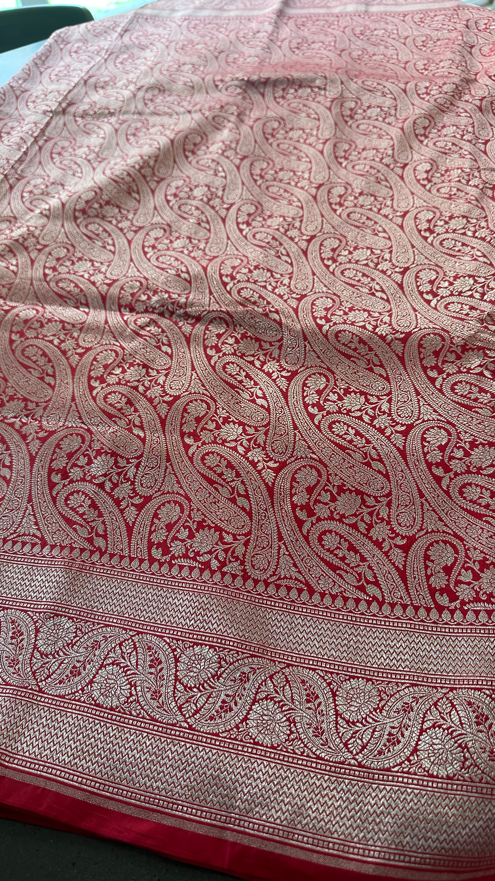 Thumbnail: Red Intertwined Paisley Motif Bridal Brocade Banarasi Katan Silk
