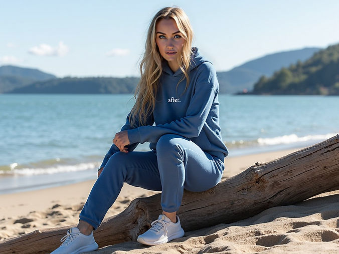 after_ collection blue hoodie at beach