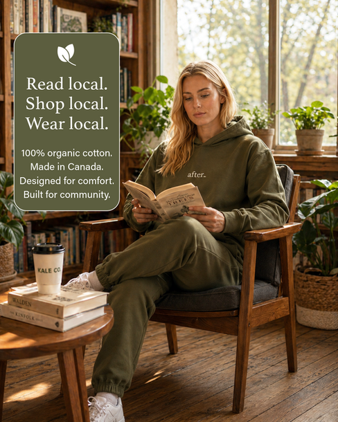 woman reading in a bookstore wearing her olive green comfies set