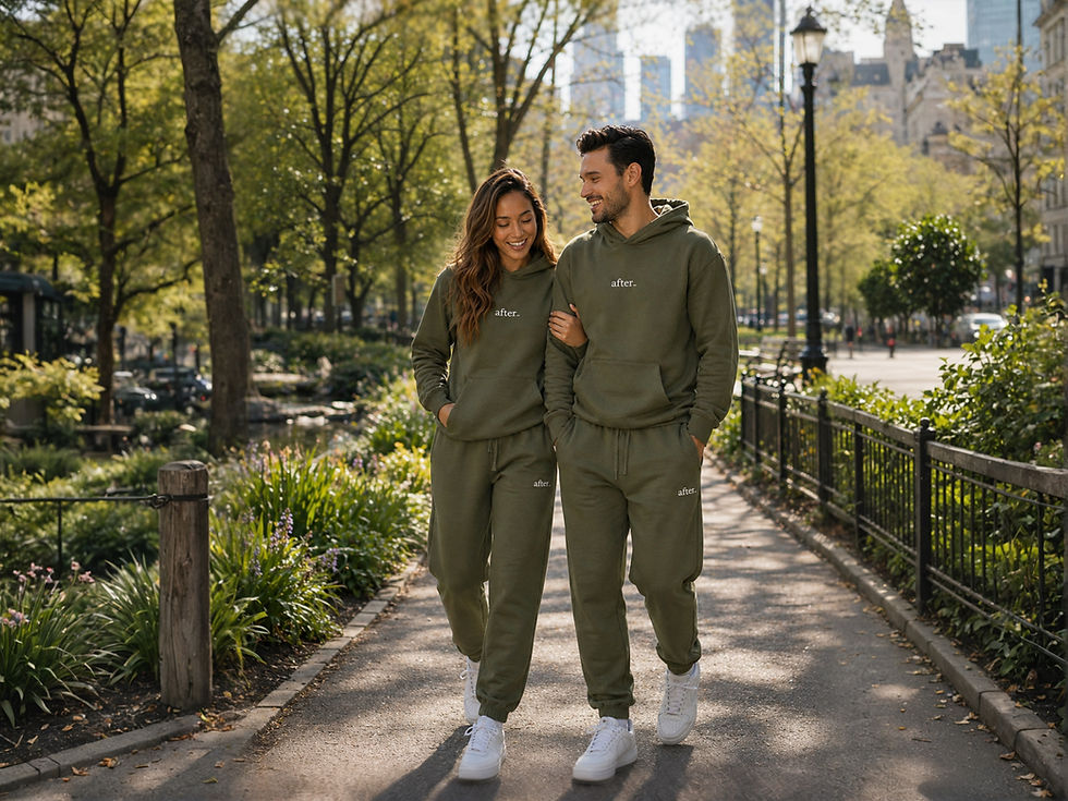 spring in the city; couple walking in a park wearing their matching olive green comfies sets