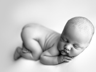 black and white photo of sleeping newborn on white backdrop