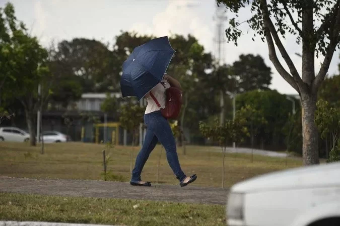 mulher andando com guarda chuva em rua de brasilia