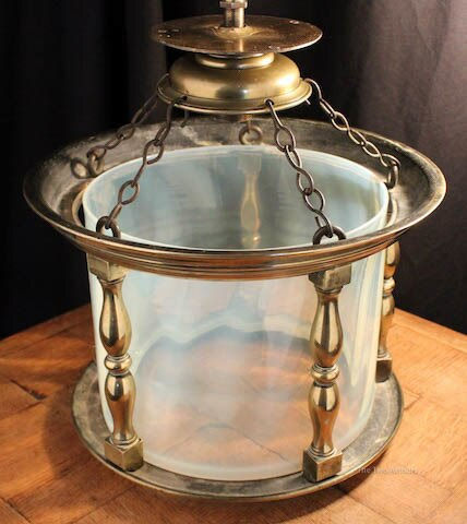 Thumbnail: ARTS AND CRAFTS BRASS & VASELINE GLASS LANTERN W.A.S. BENSON STYLE