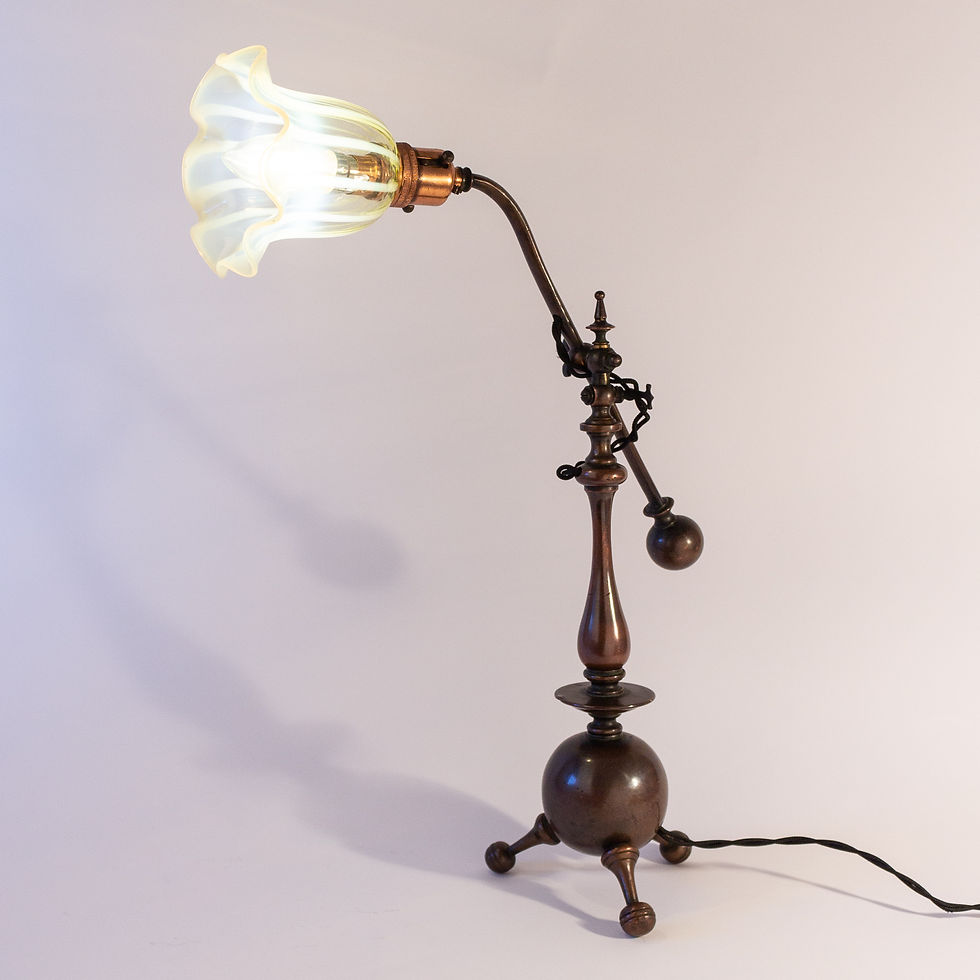 Thumbnail: WAS Benson/Christopher Dresser Arts and Crafts Brass Table Lamp/Light with Powell Vaseline Glass Shade pointing up and lit up