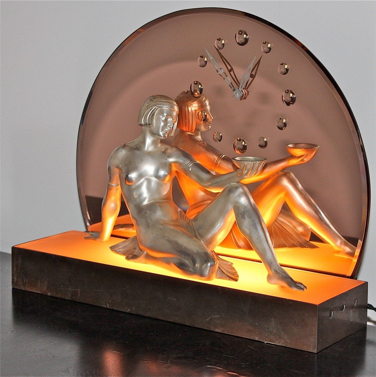 ART DECO Silvered Bronze Figural Lady Lamp/Clock