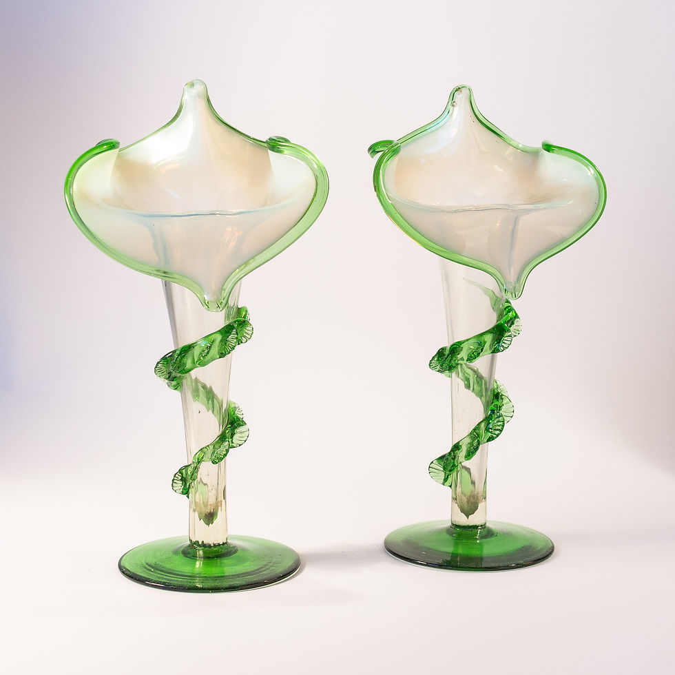 Matching Pair of Art Nouveau Vaseline Glass Jack in the Pulpit Vases