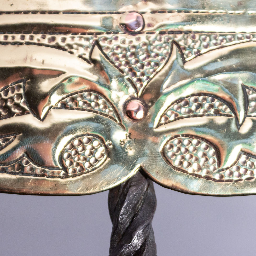 Thumbnail: Keswick K.S.I.A. Arts and Crafts Brass & Iron Kettle Trivet close up of mark