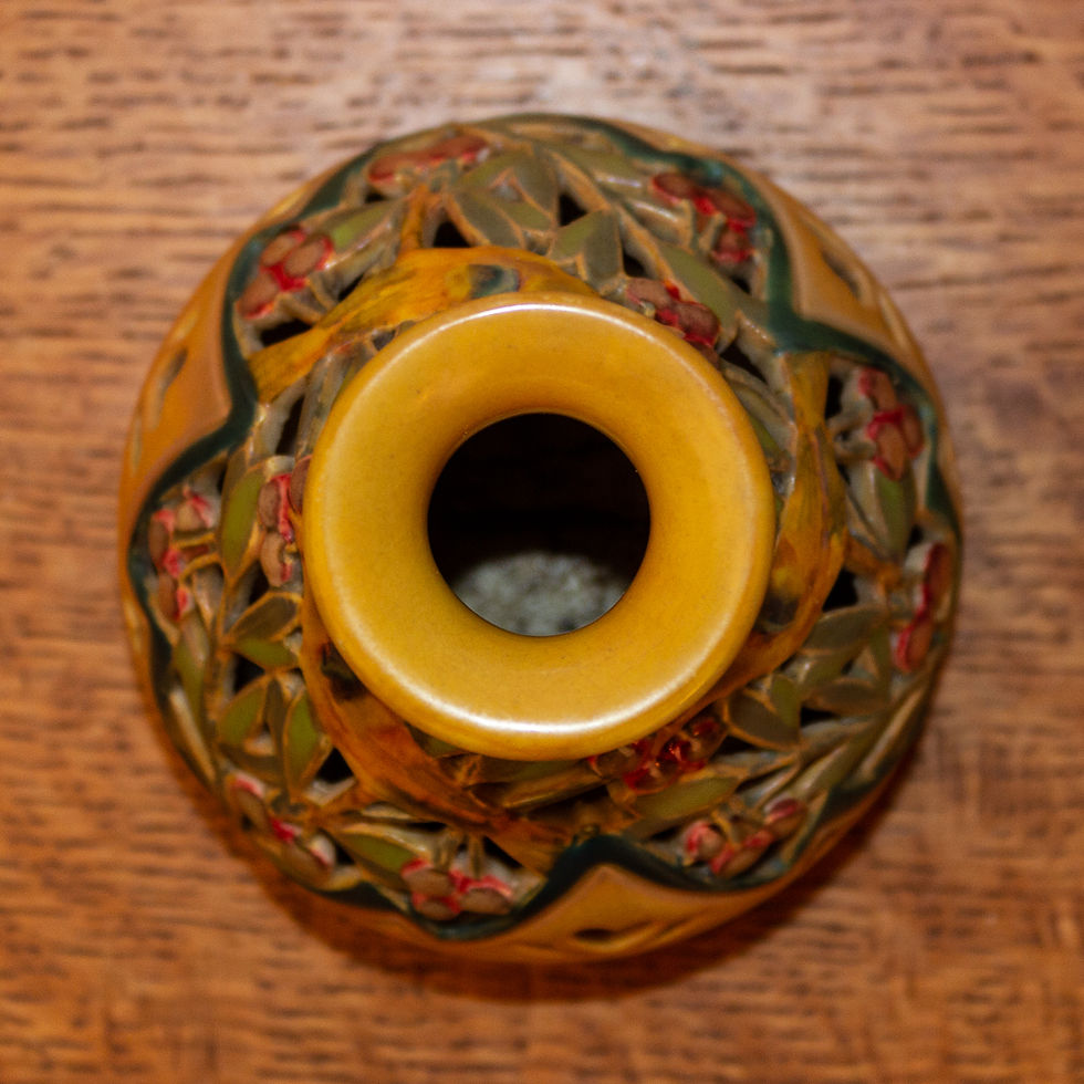 Thumbnail: Art Nouveau Zsolnay Pecs Reticulated Lustre Lovebirds Vase