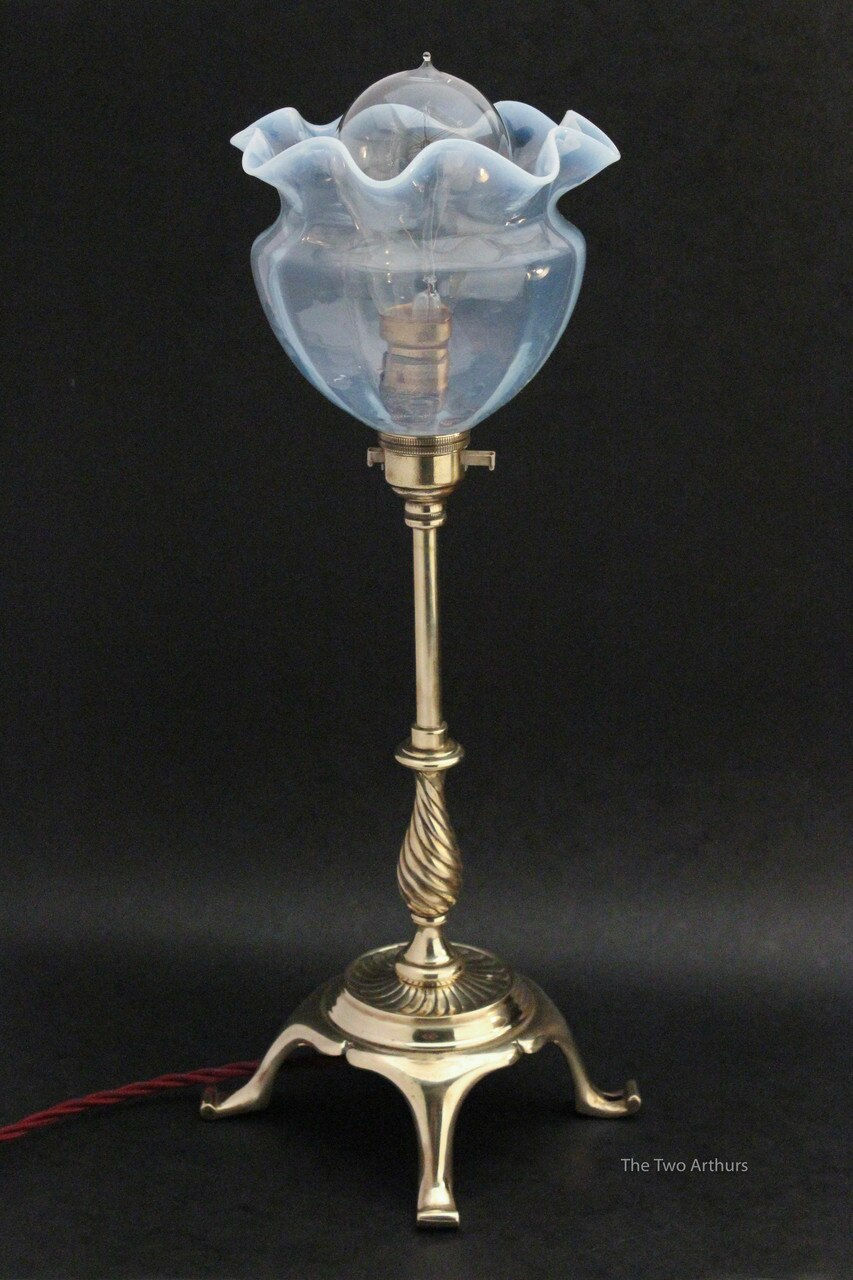 Thumbnail: ARTS AND CRAFTS Brass Table Lamp & Blue Vaseline Glass Shade Circa 1910 37.5cm h