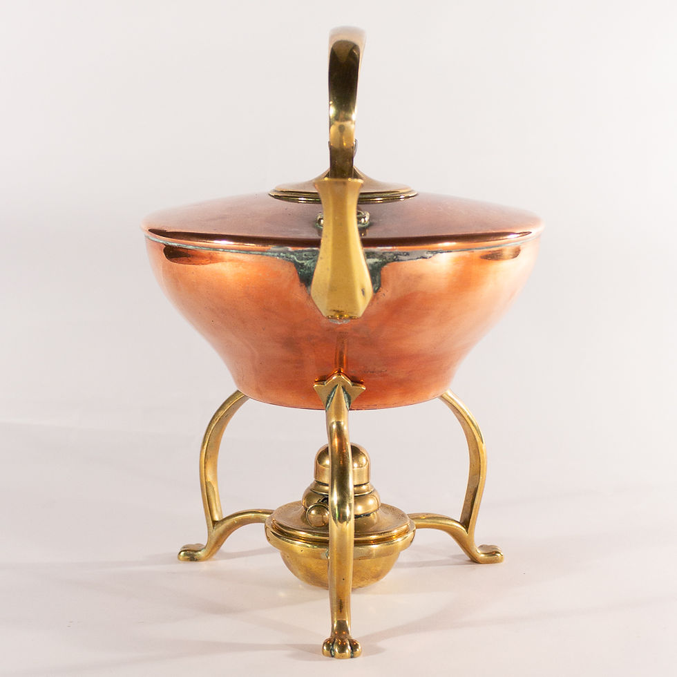 Thumbnail: Arts and Crafts Brass and Copper Kettle on Stand by W.A.S. Benson front view