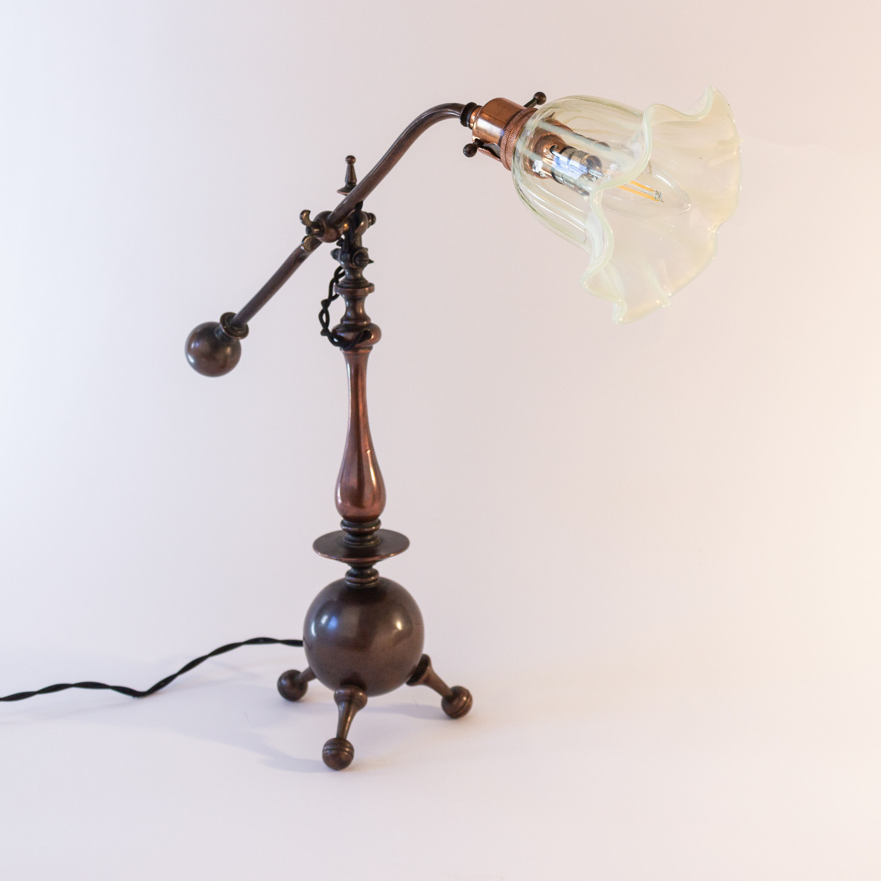 WAS Benson/Christopher Dresser Arts and Crafts Brass Table Lamp/Light with Powell Vaseline Glass Shade.