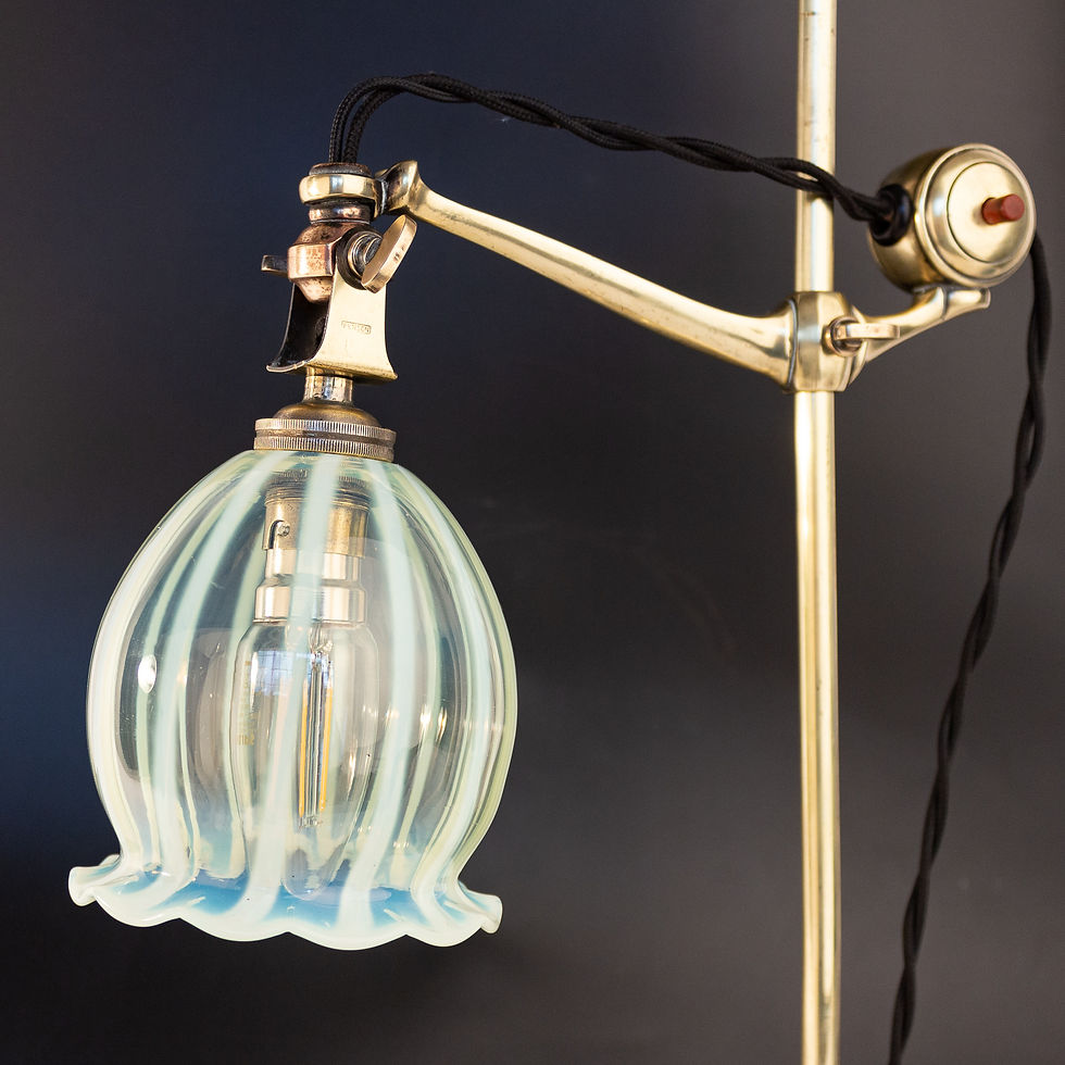 Thumbnail: Arts and Crafts WAS Benson Brass Table Lamp with Powell Vaseline Glass Shade