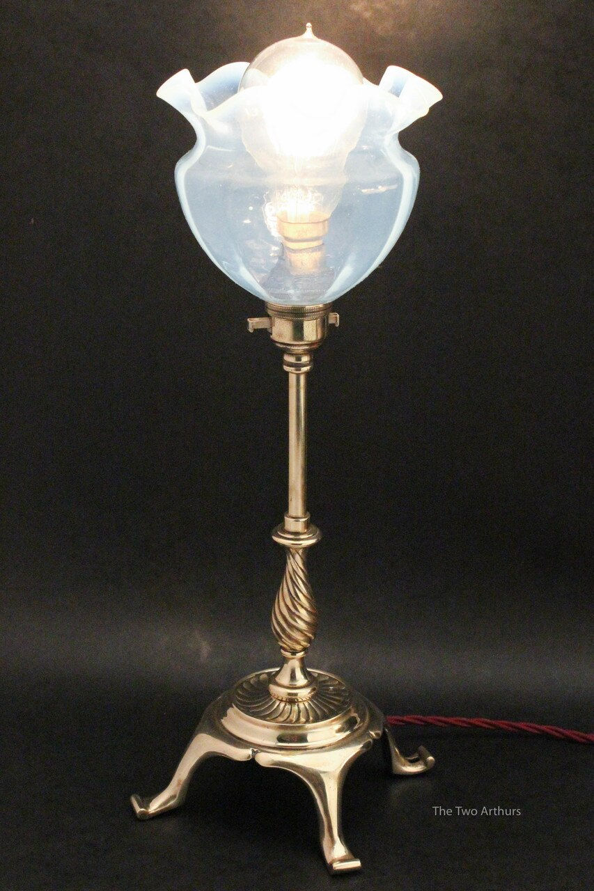 Thumbnail: ARTS AND CRAFTS Brass Table Lamp & Blue Vaseline Glass Shade Circa 1910 37.5cm h