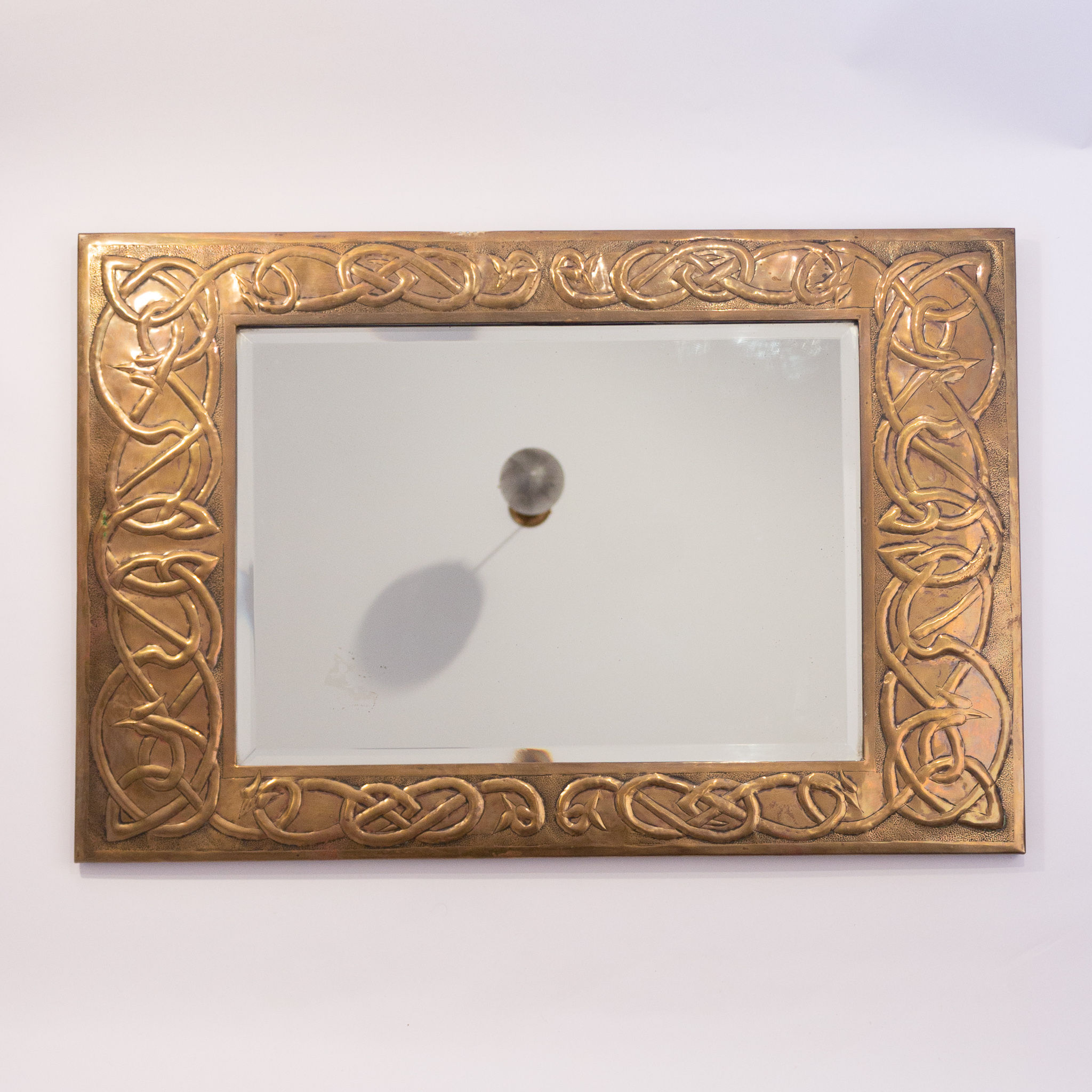 Large Glasgow Arts and Crafts Brass Wall Mirror with Celtic Entrelac Plant Forms