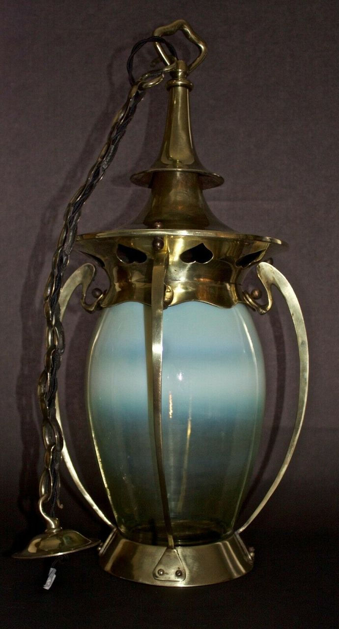 Arts and Crafts Vaseline Glass Brass Hall Lantern/Ceiling Light