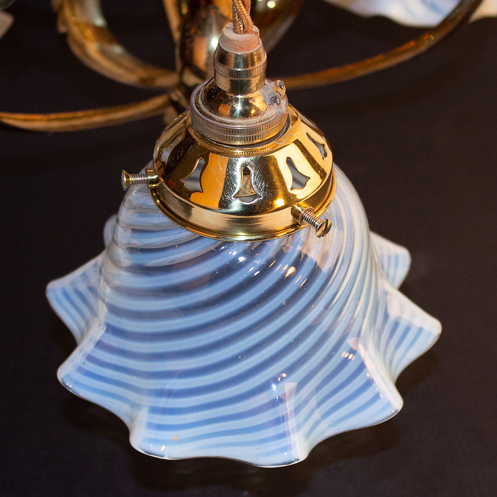 Thumbnail: Arts and Crafts Benson Style Brass Chandelier/Ceiling Light with Vaseline Shades