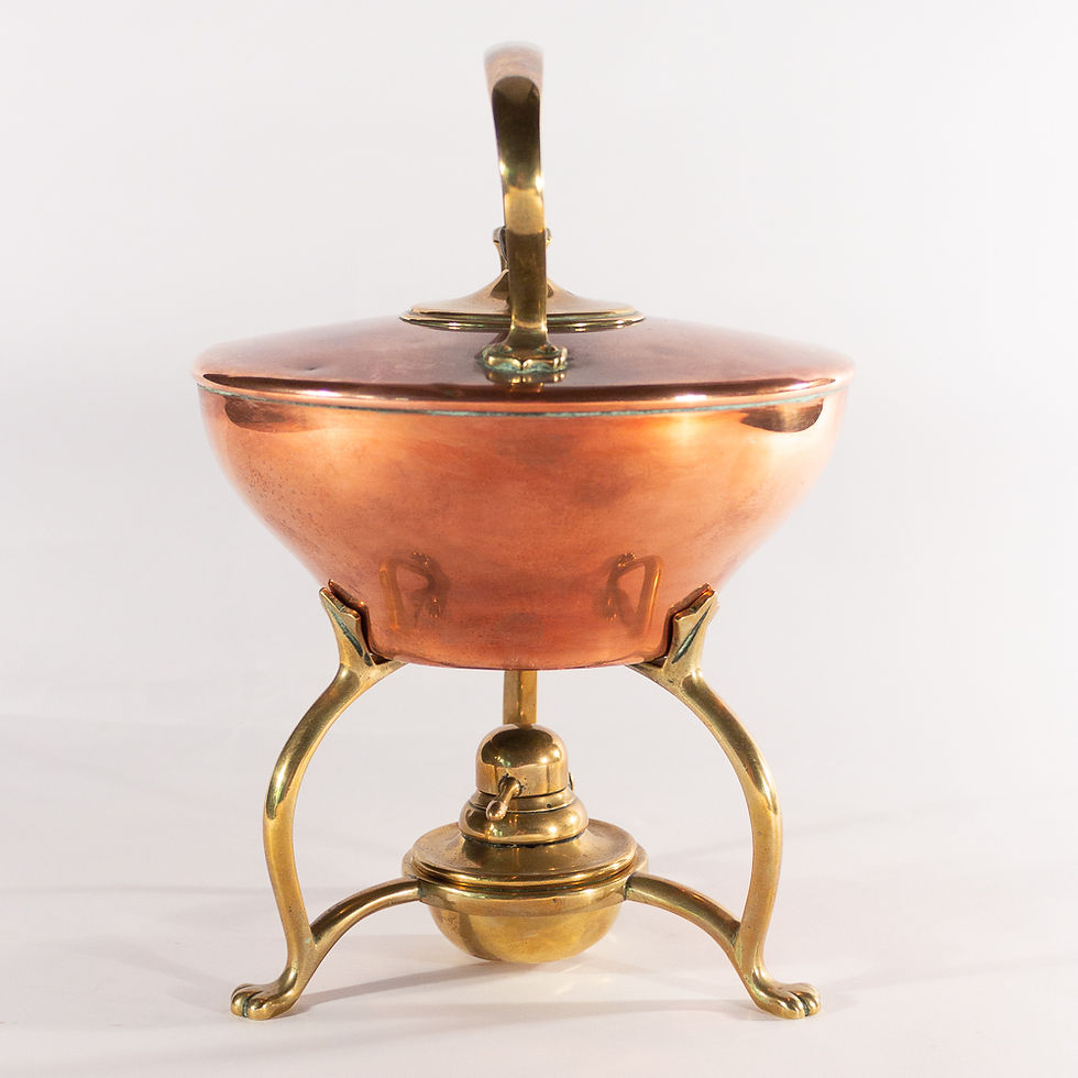 Thumbnail: Arts and Crafts Brass and Copper Kettle on Stand by W.A.S. Benson back view