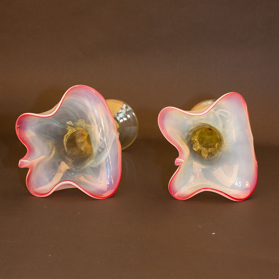 Thumbnail: Superb pair of Art Nouveau Vaseline Cranberry Glass Jack in the Pulpit Vases