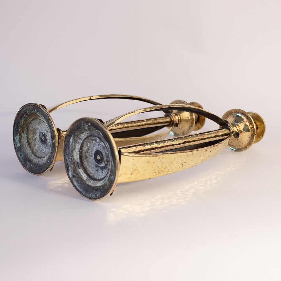 Thumbnail: Stylish pair of tall Arts and Crafts Planished Brass Candlesticks