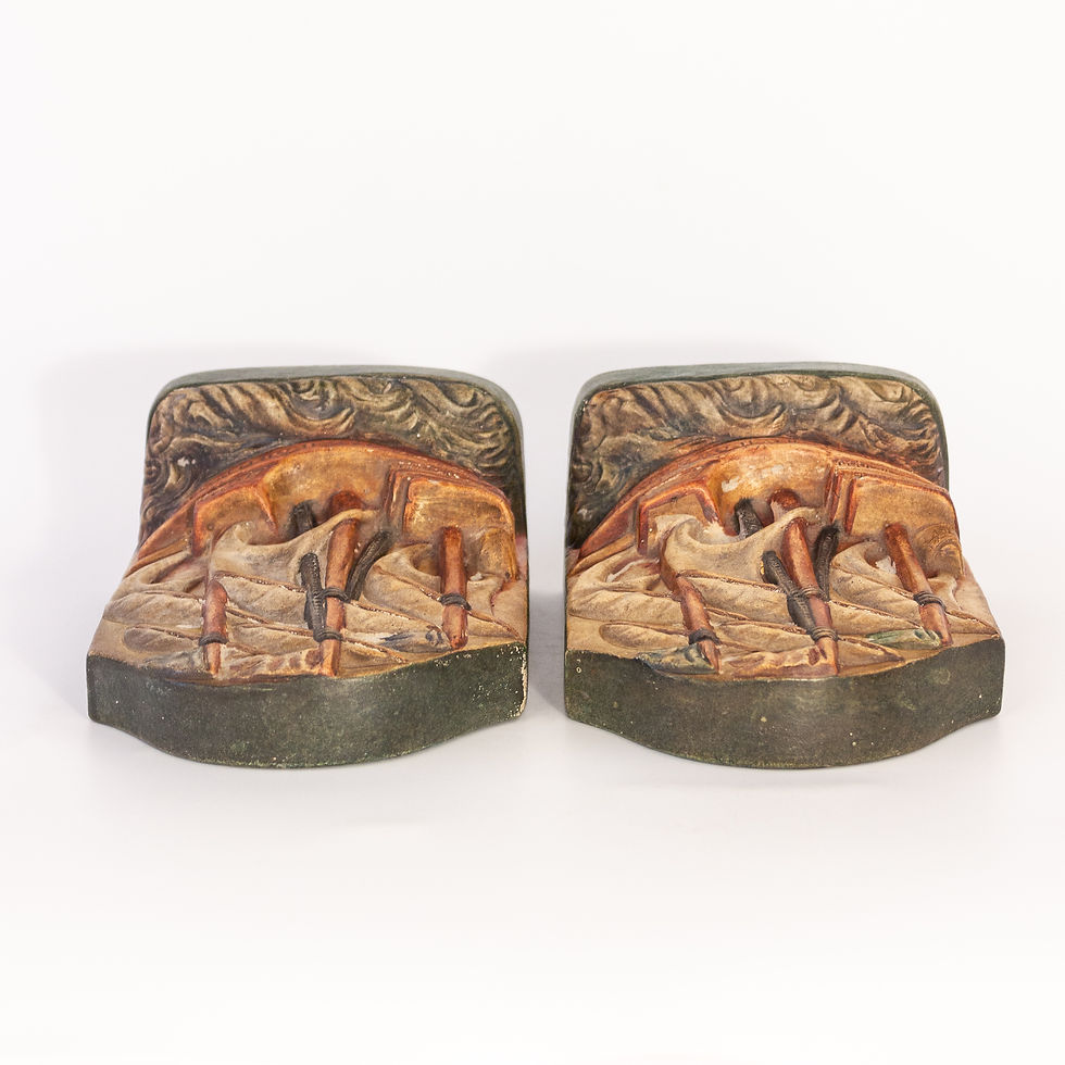 Thumbnail: Rare Pair Arts and Crafts Compton Pottery Galleon Bookends by Mary Seton Watts from top