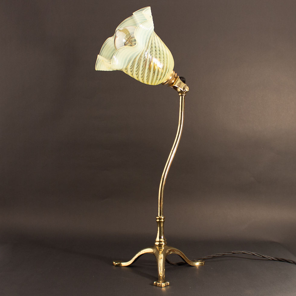 Thumbnail: Side view of WAS Benson Arts and Crafts Brass Table Lamp with Powell Vaseline Glass Shade with shade extended.