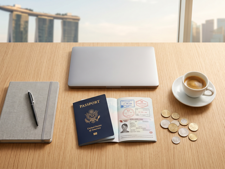 U.S. passport, laptop, coffee cup, Singapore skyline through window.