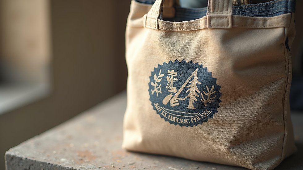 Close-up view of a canvas bag with a printed logo