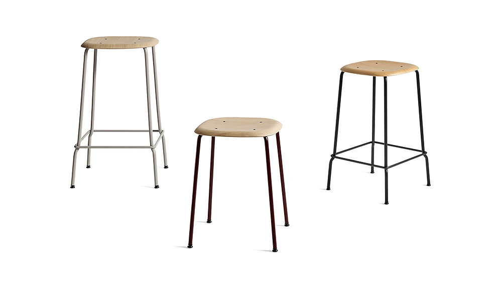 三把不同高度的SOFT EDGE四脚凳,木质座椅,金属腿。背景为纯白色,凳子腿分别为灰色、红棕色和黑色。