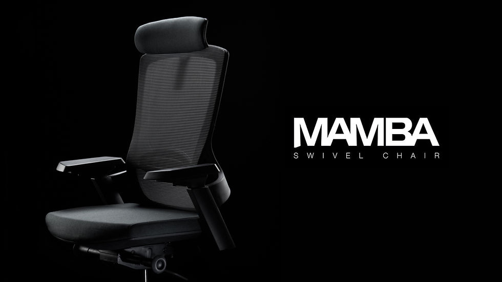 黑色背景上一張舒適的Mamba旋轉椅,設計簡約,右側有「MAMBA SWIVEL CHAIR」白色文字。
