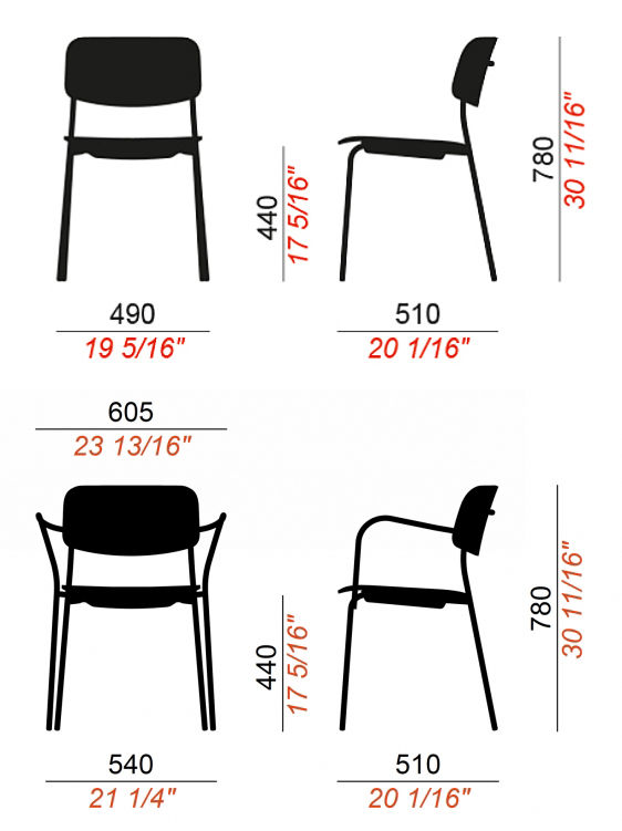 兩把DAILY椅子示意圖,前後視角展示尺寸。頂部椅子無扶手,底部椅子有扶手。紅色文字標出尺寸。