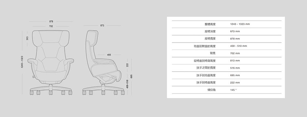 辦公椅的正側視圖,標註了詳細尺寸,右側為尺寸表,顯示高度、寬度等訊息,背景為灰色,整體簡潔專業。