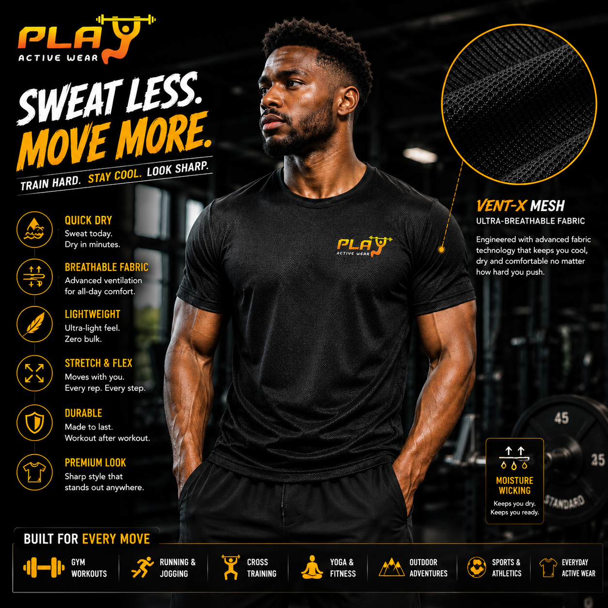 Play Active Wear Breathable All Activity Tshirt Black