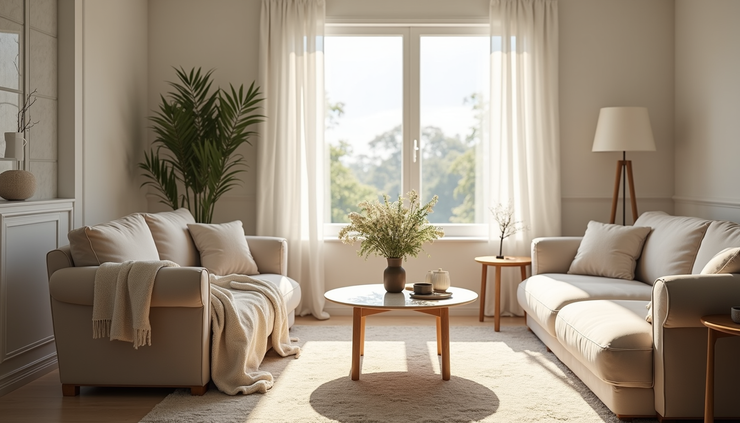 Eye-level view of a freshly cleaned and organized living room with soft natural light