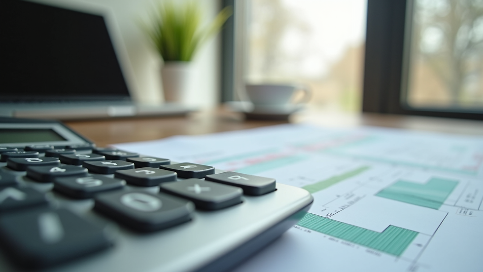 Close-up view of a calculator and financial documents on a desk
