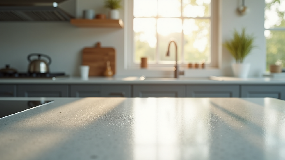 Close-up view of a clean kitchen countertop with sparkling surfaces
