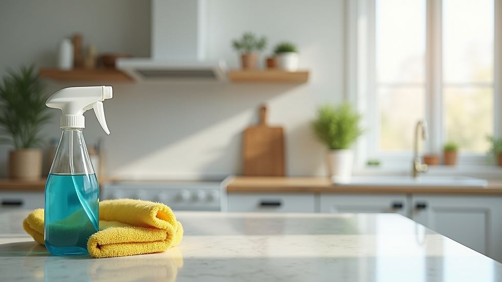 Eye-level view of a clean kitchen countertop with eco-friendly cleaning products