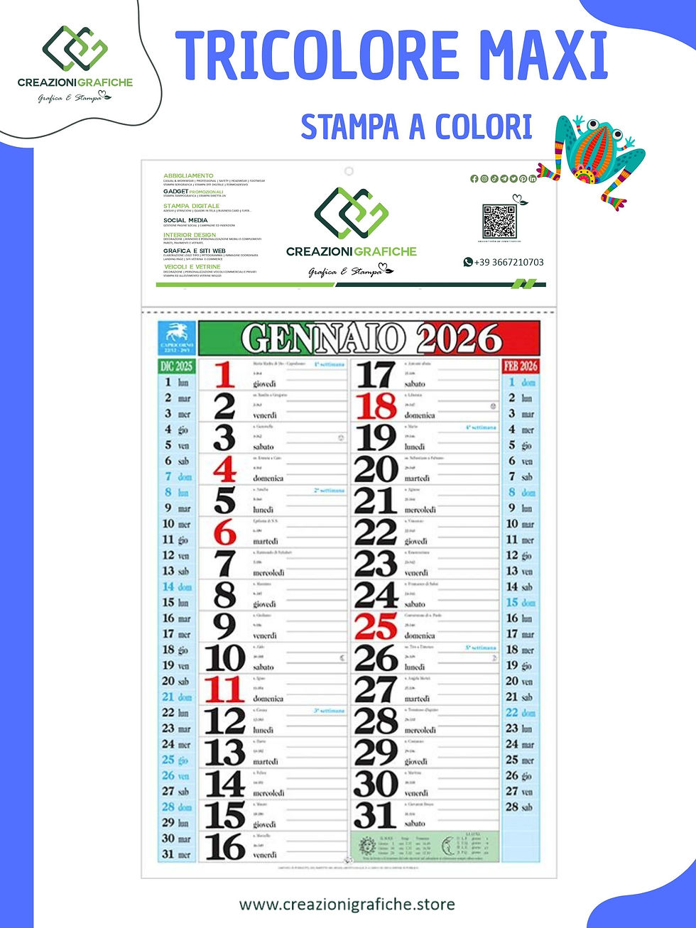 TRICOLORE MAXI Calendario mensile 12 fogli