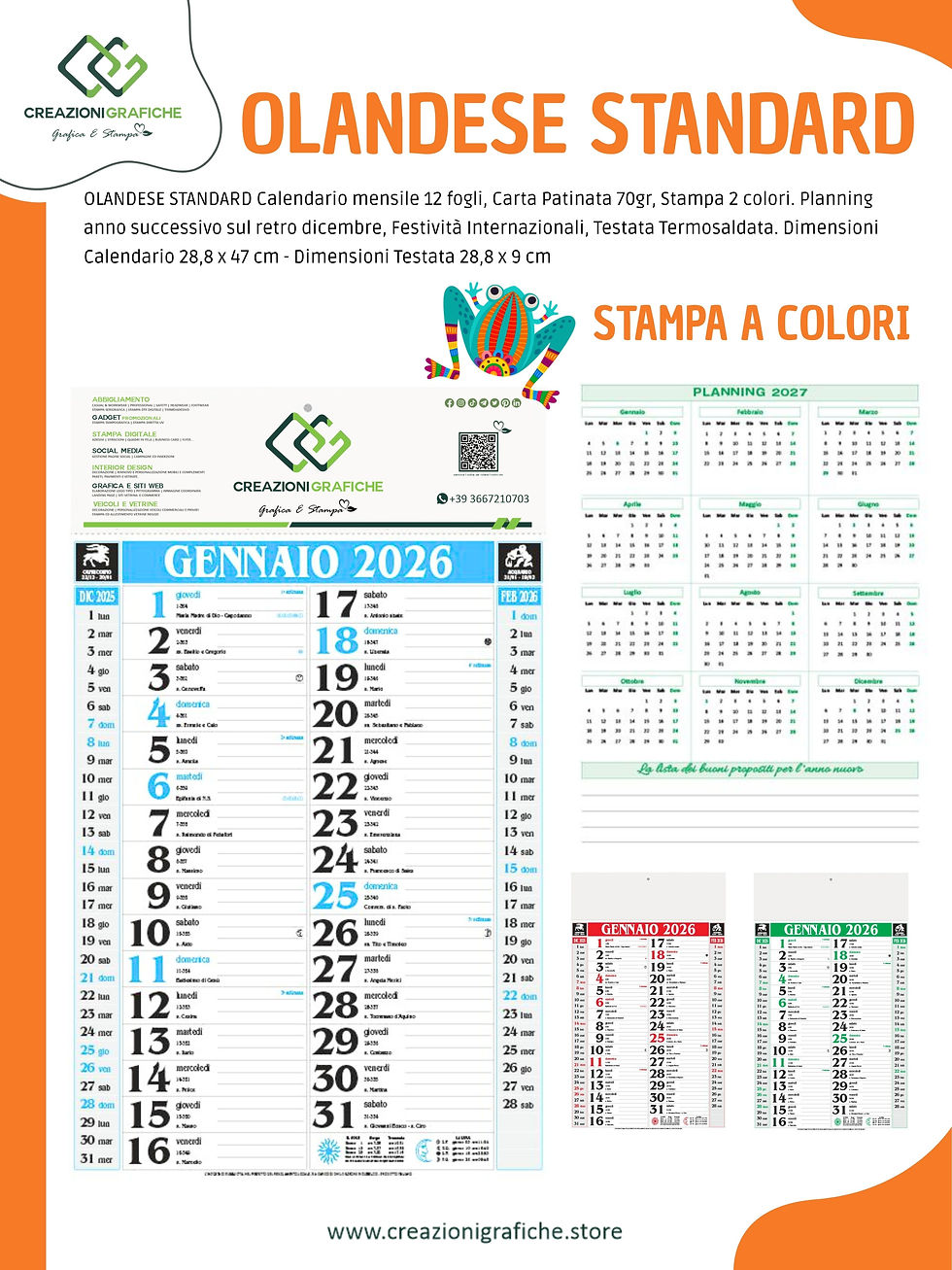 OLANDESE STANDARD Calendario mensile 12 fogli