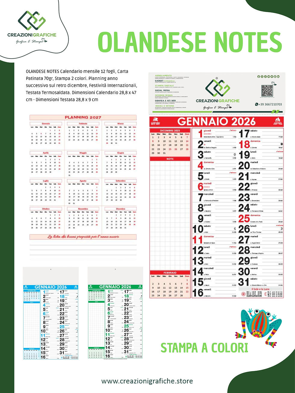 OLANDESE NOTES Calendario mensile 12 fogli