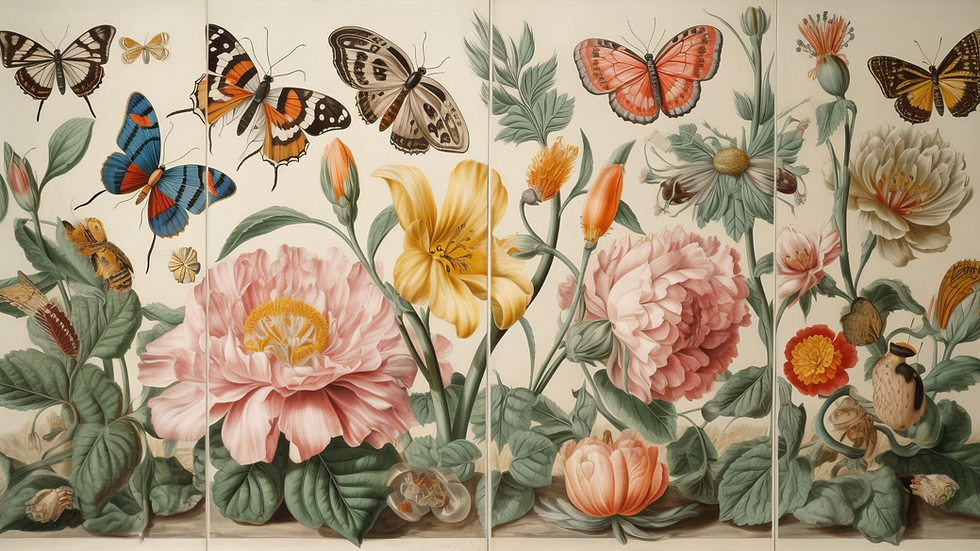 Butterflies hover over vibrant flowers, including pink peonies and yellow lilies, on a pastel background. Green leaves add contrast.