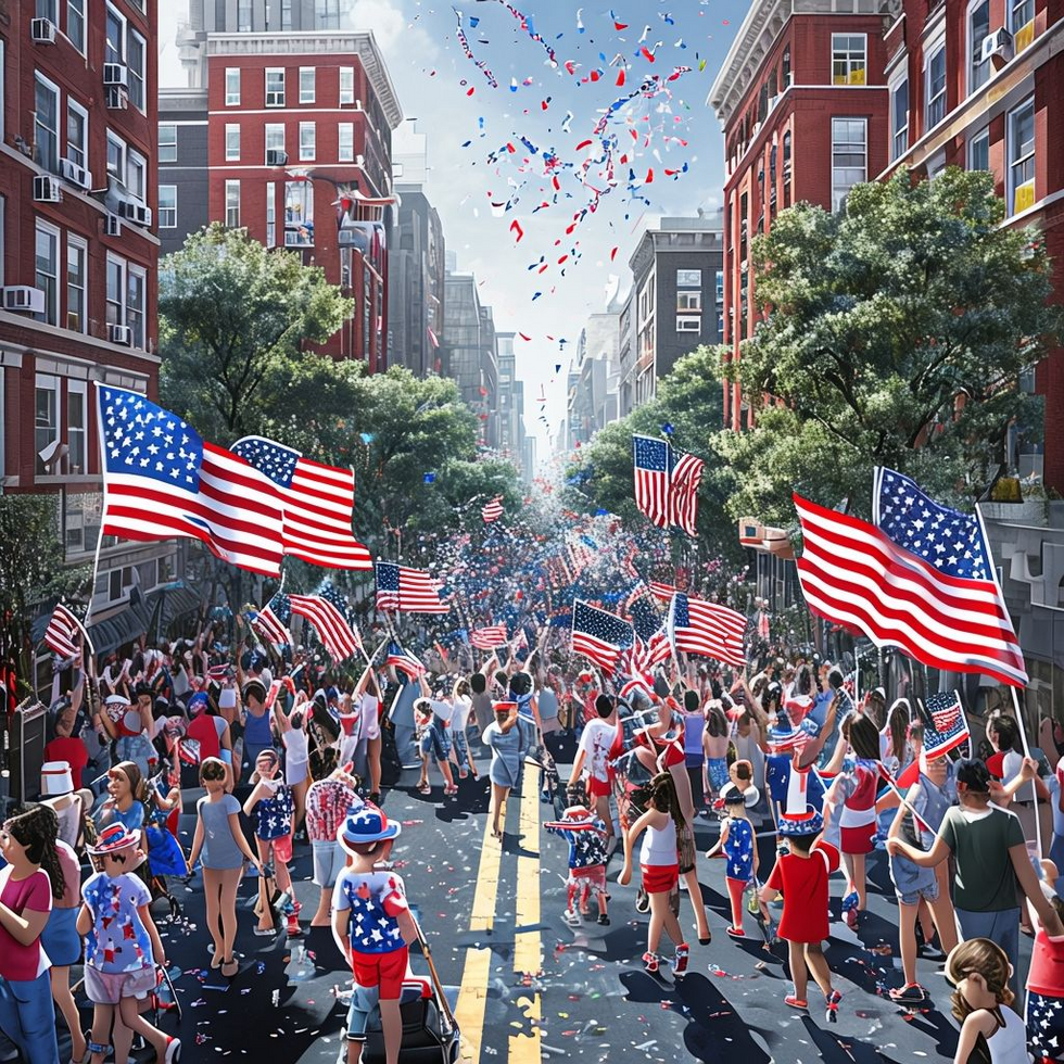 Vibrant Parade Celebrating Patriotism In Bustling City Street