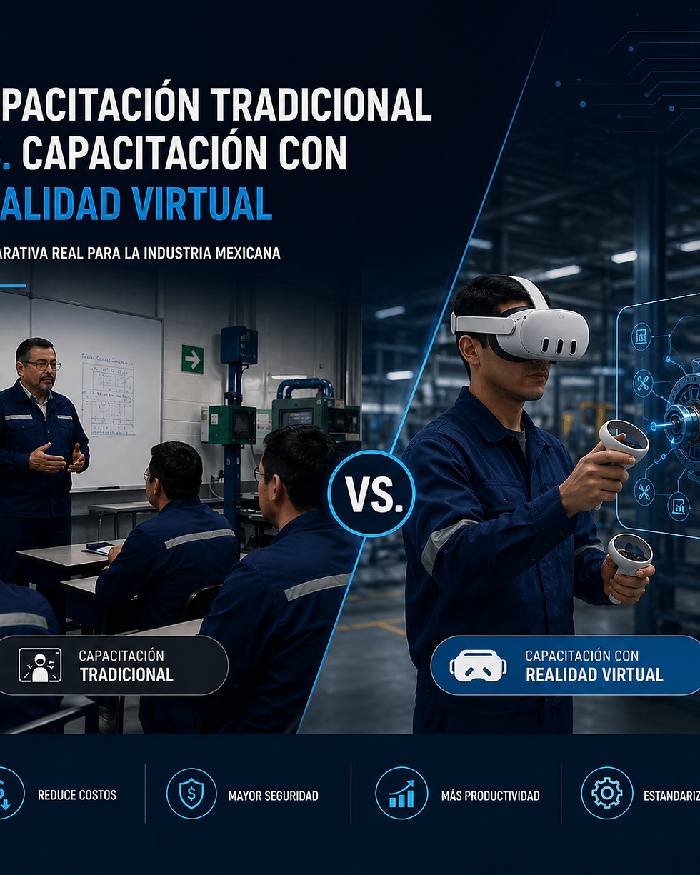 Comparativa visual entre capacitación tradicional y entrenamiento con Realidad Virtual en planta industrial - LatAR México