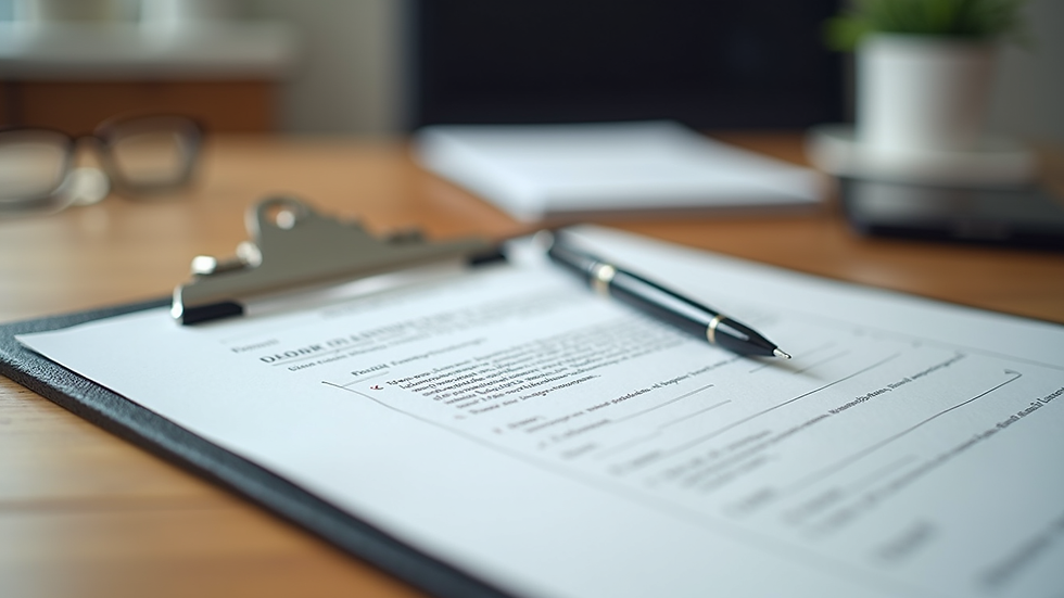 Close-up view of legal documents and a pen on a wooden desk
