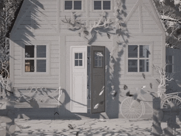 An approach to a mysterious paper house from "Grains of Recollection, a virtual reality experience by Studio McGuire - Davy and Kristin McGuire. In it the viewer becomes a tiny character in a beautiful papercraft diorama, exploring an intricate, enchanting world to discover a story. This fine art immersive experience was commissioned by XR Stories