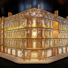 View of Avenue Montagne, a gingerbread, dollshouse sculpture from The Wonderful World of Dior, an immersive experience and video mapping project for Christian Dior, presented at Harrods at Christmas 2022 -  Studio McGuire, Davy and Kristin McGuire.
