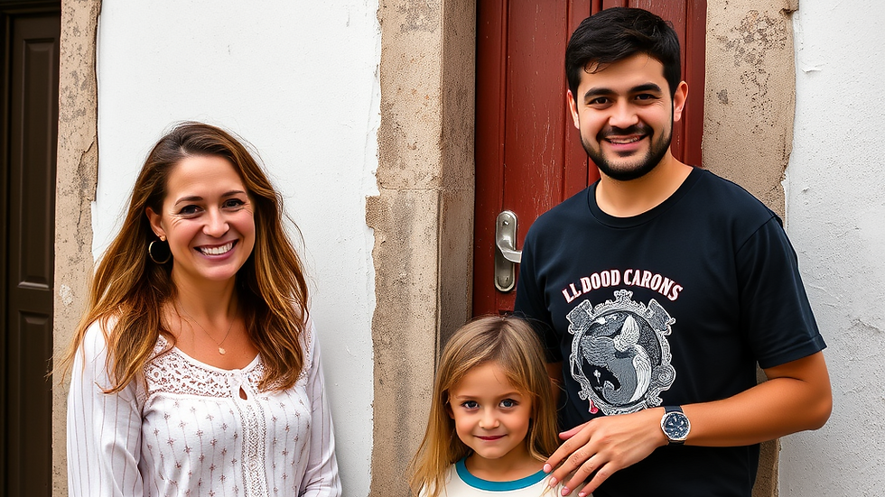 A woman, a young girl, and a man posing for the camera in front of a red door