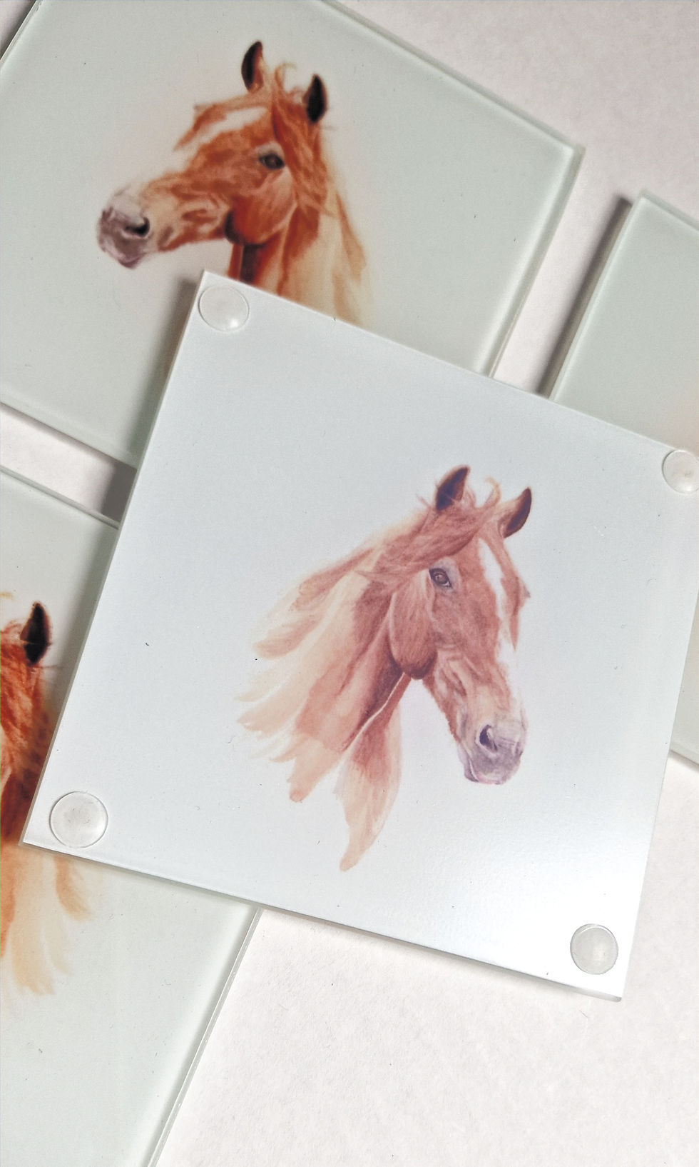 Thumbnail: Set of four square glass coasters with a chestnut horse illustration by artist Emma Keys.